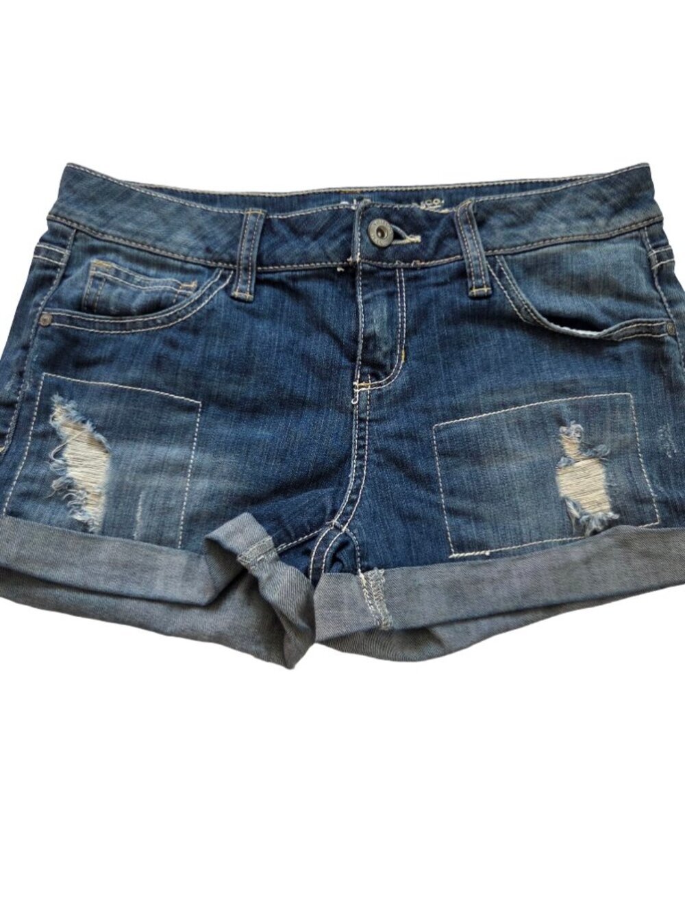 Arizona Jean Co. Women's 3 Cuffed Denim Shorts Distressed Medium Wash Blue